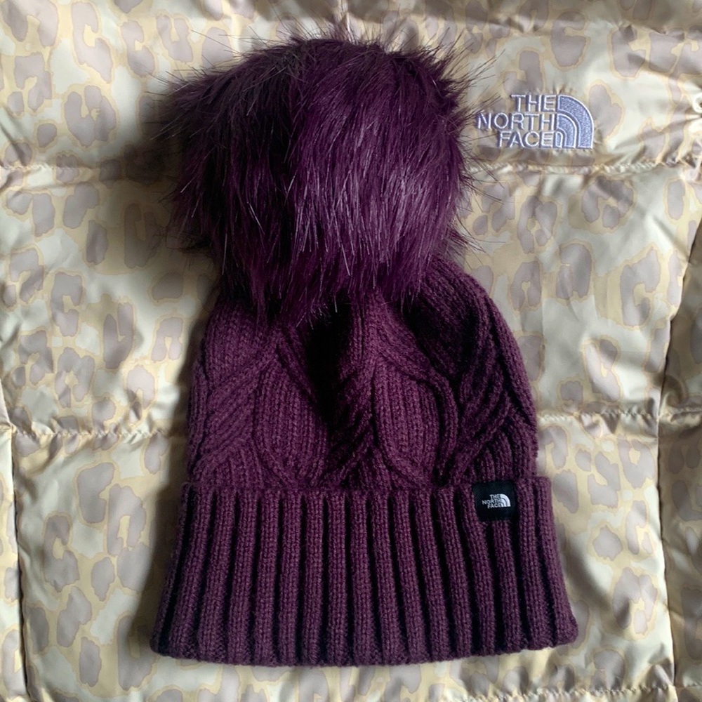 The North Face Oh Mega Fur Pom Cable Knit Purple Beanie